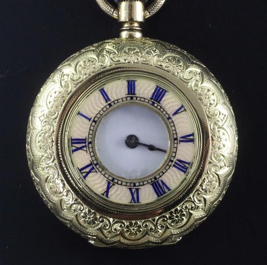 A 19th century 18ct gold and guilloche enamel keyless lever half hunter pocket watch with associated three colour suspension brooch,